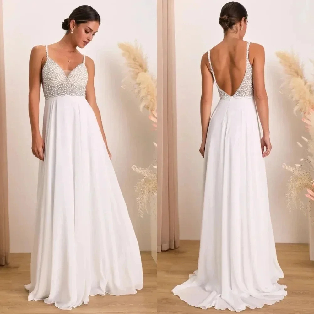 Lulus Luxe Bridal True Love White Beaded Rhinestone Maxi Dress Wedding Party